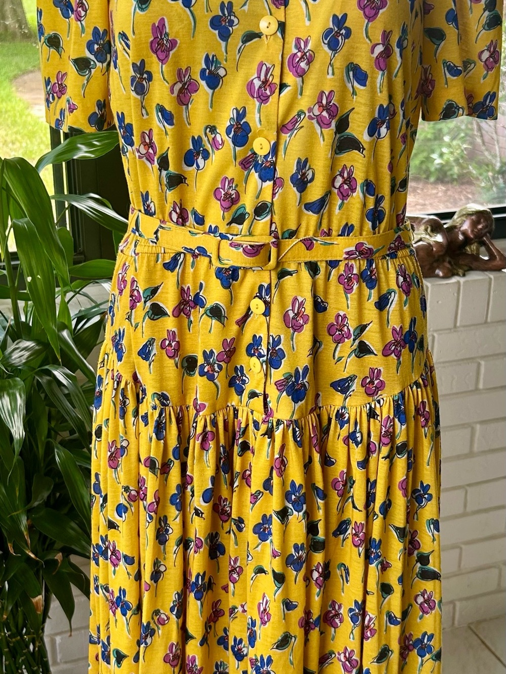 Raoul Yellow Floral Tiered Midi Dress with Pink and Blue Accents